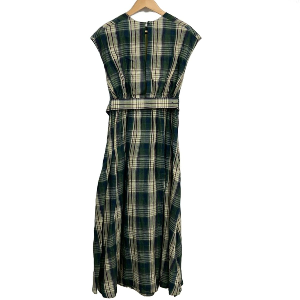 ブルーバード ワンピース サイズS レディース - アイボリー×ダークグリーン×マルチ 半袖 マキシ丈 麻 チェック柄