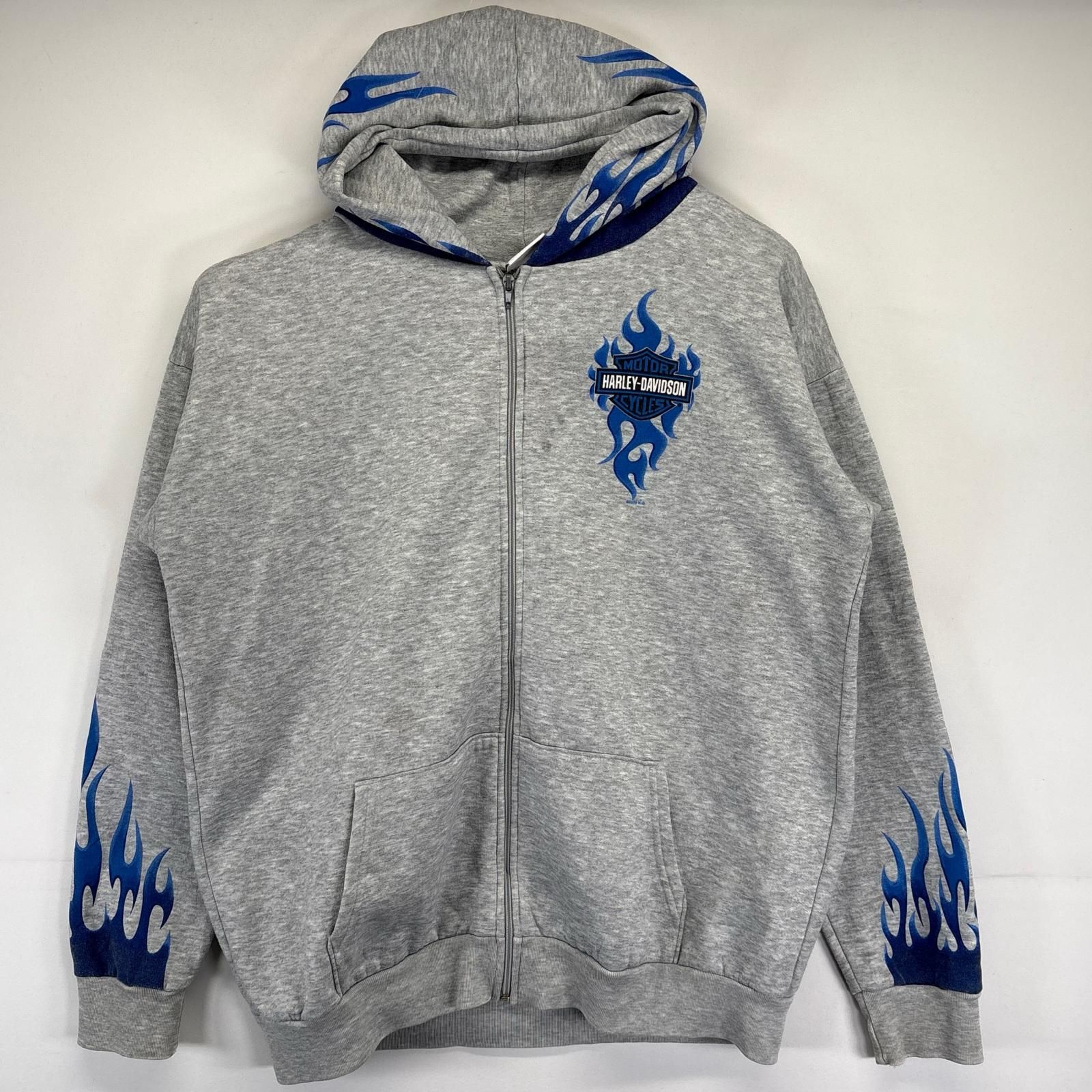 古着 ハーレーダビッドソン HARLEY DAVIDSON パーカー 大きいサイズ ファイヤーパターン フルジップ 2XL  グレー系 メンズ 古着 ハーレーダビッドソン HARLEY DAVIDSON パーカー 大きいサイズ