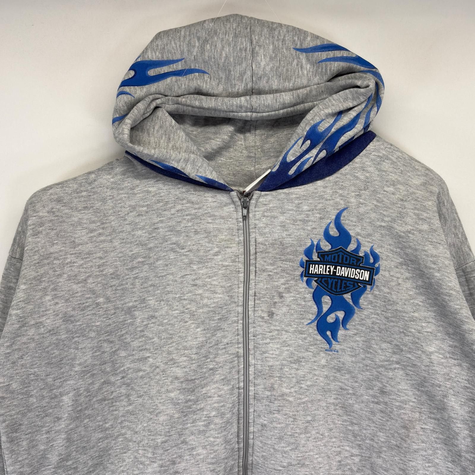 古着 ハーレーダビッドソン HARLEY DAVIDSON パーカー 大きいサイズ ファイヤーパターン フルジップ 2XL  グレー系 メンズ 古着 ハーレーダビッドソン HARLEY DAVIDSON パーカー 大きいサイズ