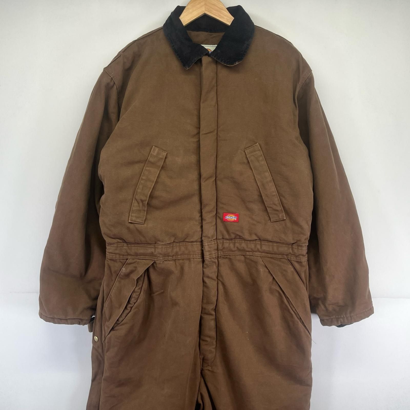 古着 ディッキーズ Dickies 長袖つなぎ ダック オールインワン 中綿 ワーク 大きいサイズ ロング ワンポイントロゴ XL TALL ブラウン メンズ