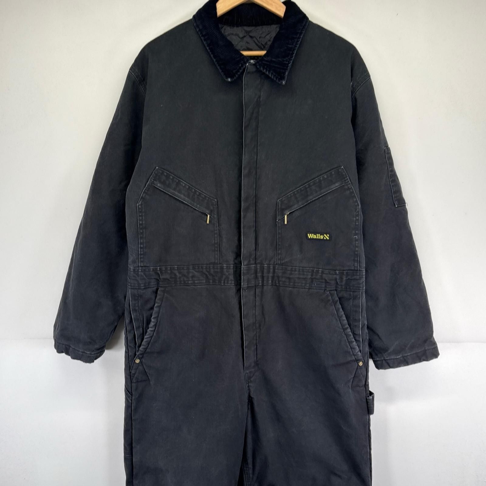 古着 ウォールズ walls 長袖つなぎ ダック オールインワン ワーク 中綿 ワンポイントロゴ L ブラック メンズ