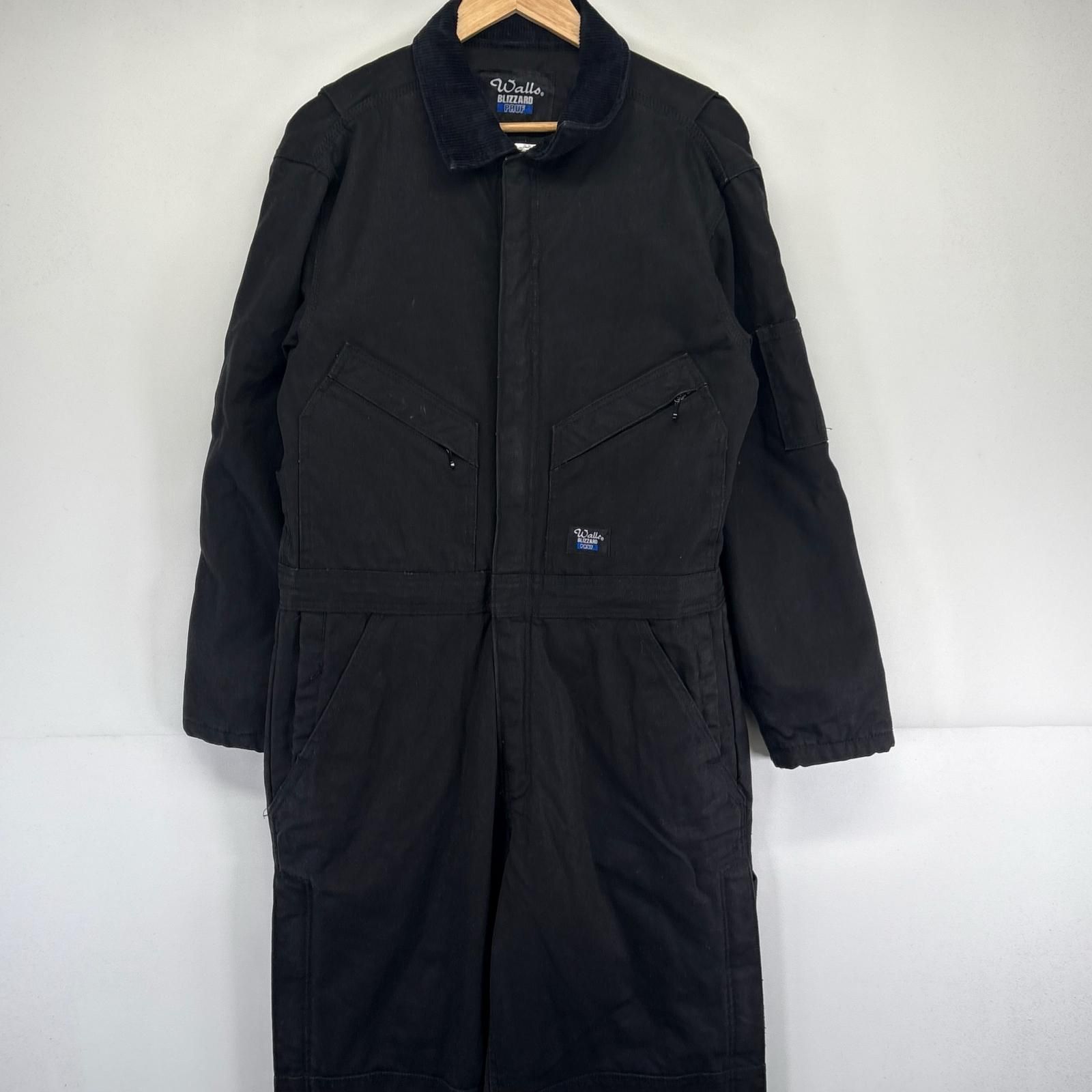古着 ウォールズ walls 長袖つなぎ ダック オールインワン 中綿 ワンポイントロゴ 襟コーデュロイ CHEST 38 40 ブラック メンズ
