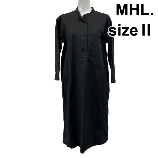 エムエイチエル MHL シャツワンピース ロング丈 七分袖 スタンド Iライン 黒 ブラック コットン100％ 2 M 9号 レディース S 5 Y 392