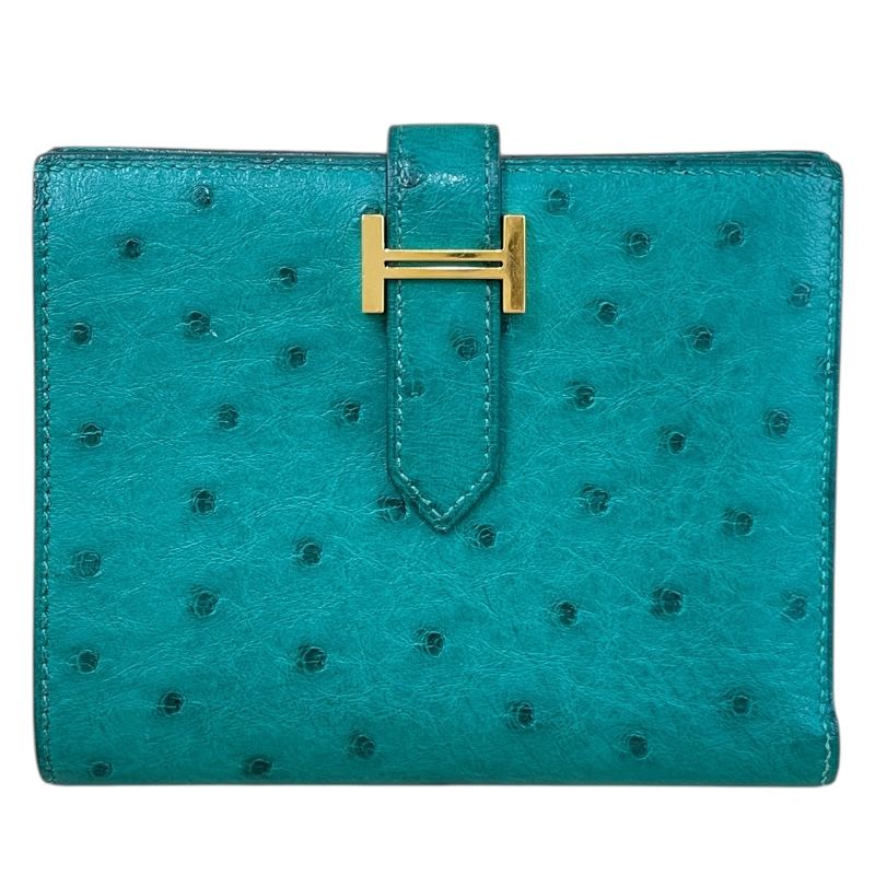 エルメス HERMES ベアンコンパクト A刻 カクタスXGD金具 オーストリッチ ユニセックス 二つ折り財布