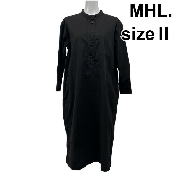 エムエイチエル MHL シャツワンピース ロング丈 七分袖 スタンド Iライン 黒 ブラック コットン100％ 2 M 9 レディース S 5 Y 391