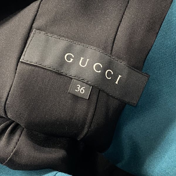  グッチ GUCCI 膝丈ワンピース 長袖 七分袖 ボートネック タイト ターコイズブルー ウール混 シルク混 36 S 7号 レディース 5 Y 431 長袖 七分袖 ひざ丈ワンピース
