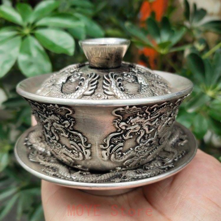 銅 細工 浮彫 り双龍 茶託 茶杯 茶器 茶道 工芸 置物gy 1216