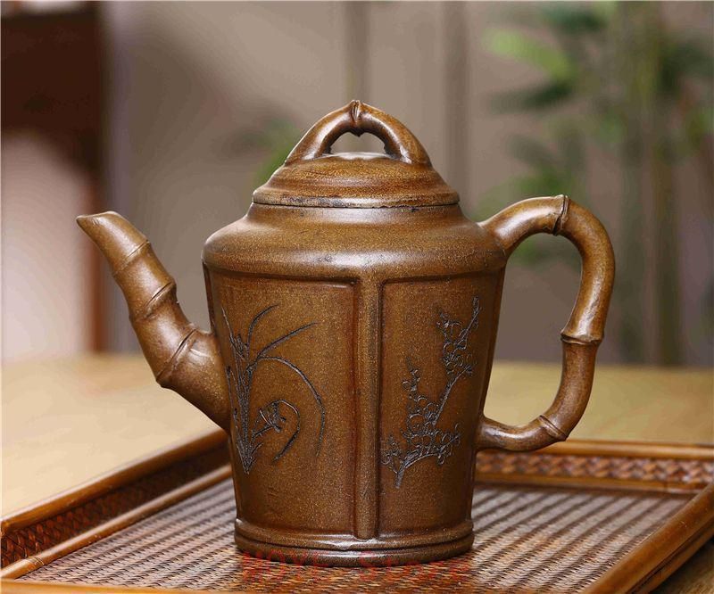 中国茶器 梅蘭竹菊 茶壺 紫砂 茶色 こげ茶色 中国茶文化 茶道gy 1216