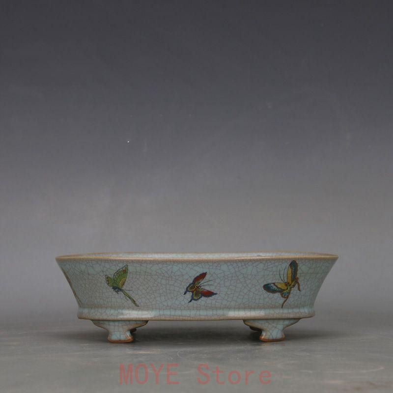 宋汝窯 天青釉蝶紋 四足水仙盆 景徳鎮 陶磁器 装飾品 現代工芸品 美術