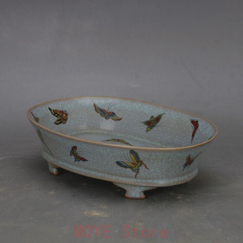 宋汝窯 天青釉蝶紋 四足水仙盆 景徳鎮 陶磁器 装飾品 現代工芸品 美術