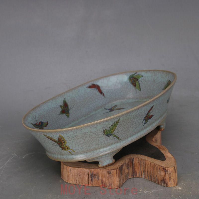 宋汝窯 天青釉蝶紋 四足水仙盆 景徳鎮 陶磁器 装飾品 現代工芸品 美術