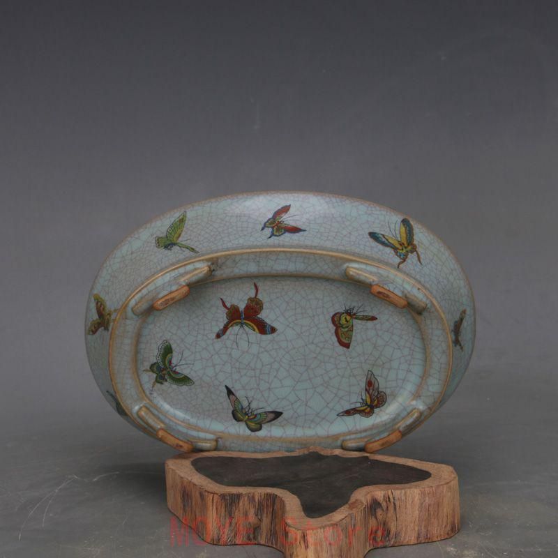 宋汝窯 天青釉蝶紋 四足水仙盆 景徳鎮 陶磁器 装飾品 現代工芸品 美術