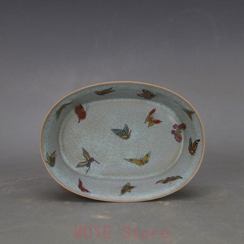 宋汝窯 天青釉蝶紋 四足水仙盆 景徳鎮 陶磁器 装飾品 現代工芸品 美術