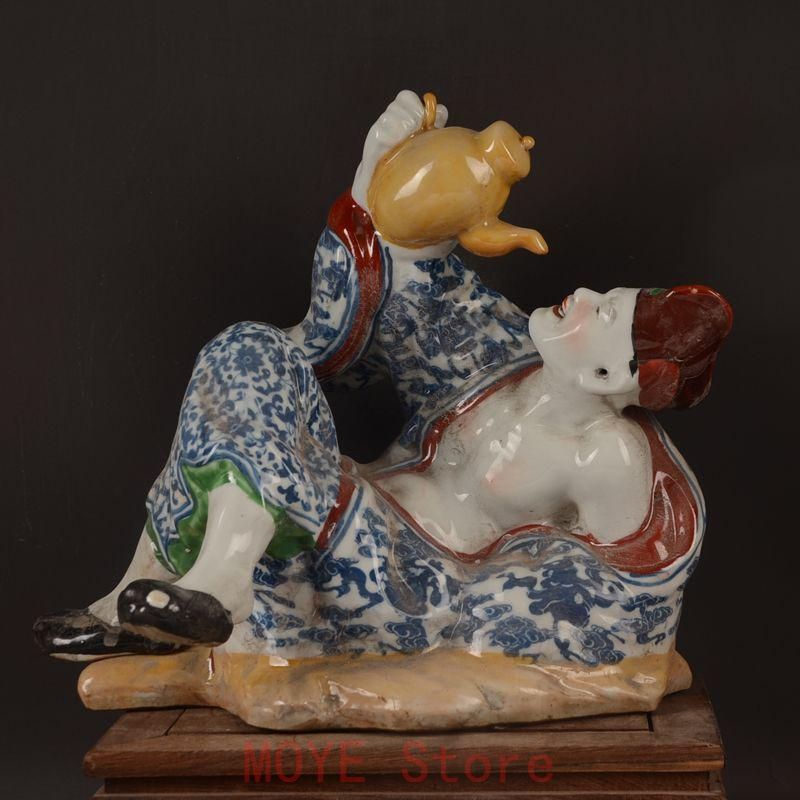 景徳鎮 陶磁器 活仏済公の彫刻 置物 gy 1216