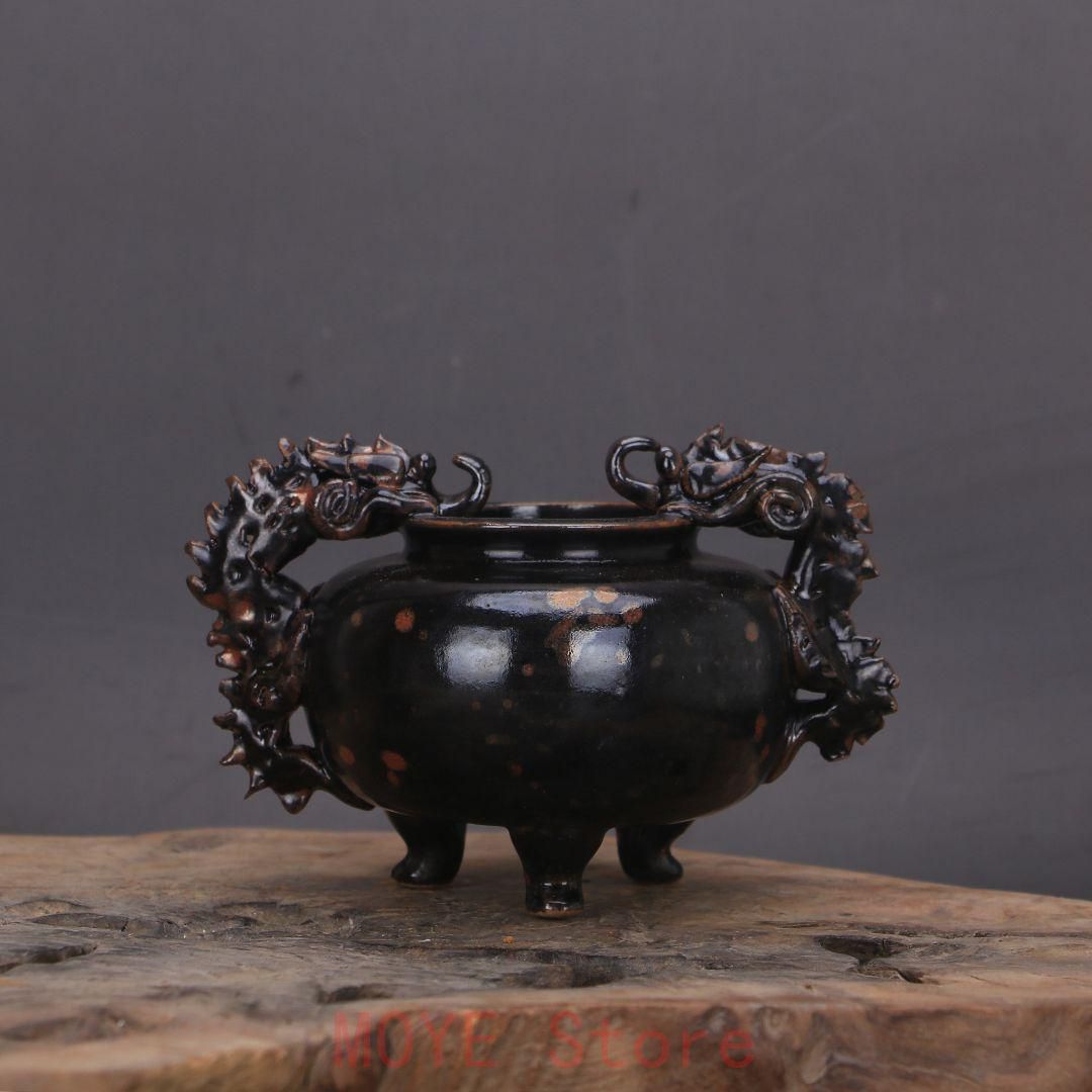 宋  黒釉点彩双耳竜紋三足香炉   陶磁器 装飾品 現代工芸品美術品 置物 宋 黒釉点彩双耳竜紋三足香炉 陶磁器 装飾品 現代工芸品美術品 置物