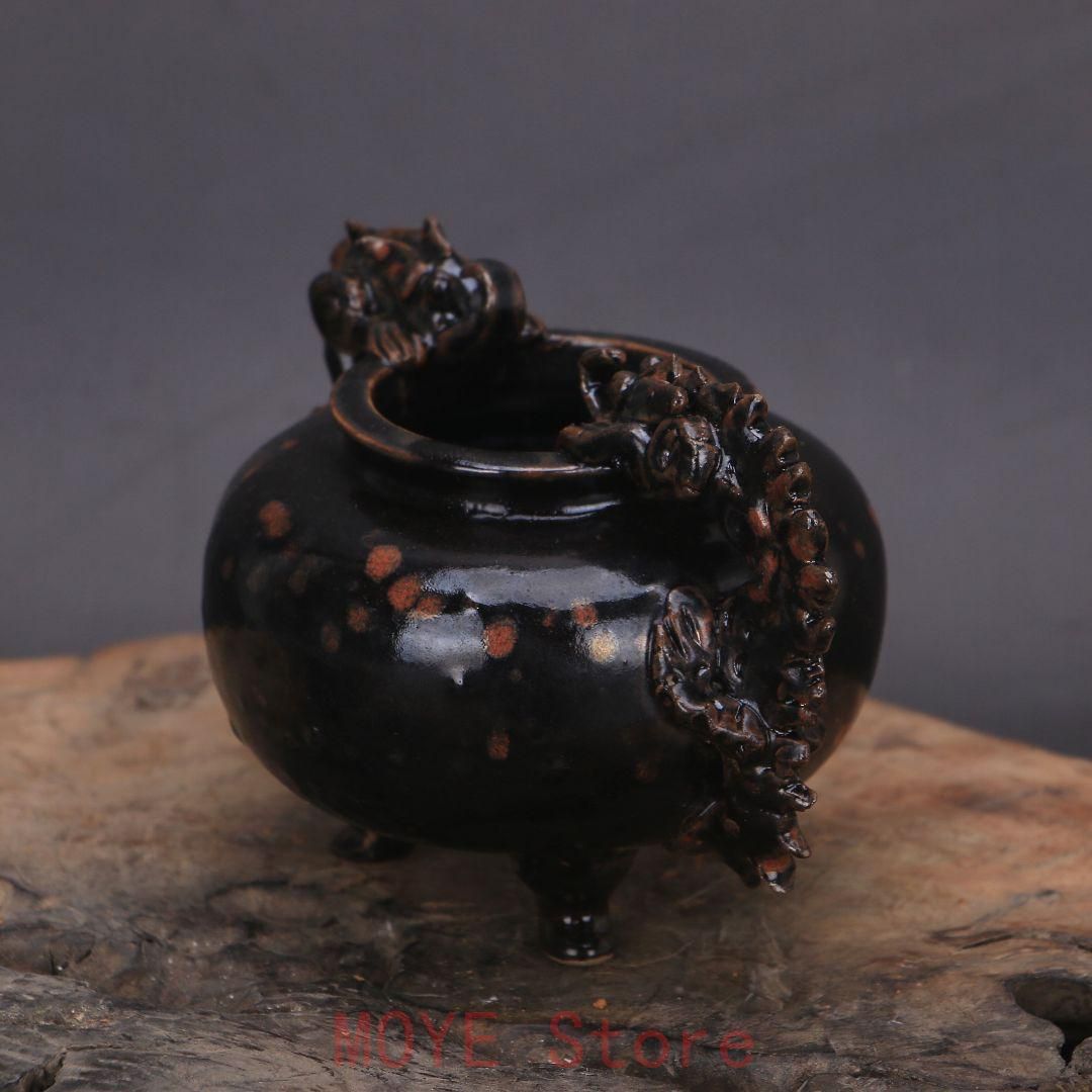 宋 黒釉点彩双耳竜紋三足香炉 陶磁器 装飾品 現代工芸品美術品 置物