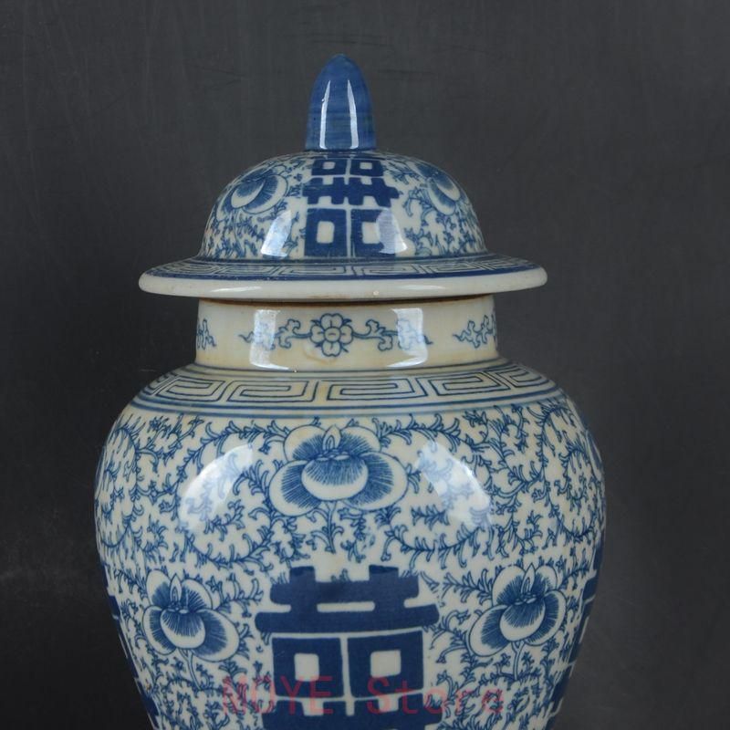 青花喜字纏枝蓮蓋缶 景徳鎮 陶磁器 装飾品 現代工芸品 美術品 置物