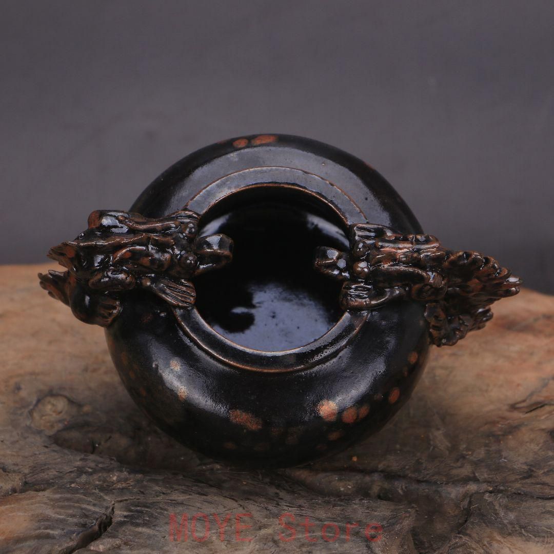 宋 黒釉点彩双耳竜紋三足香炉 陶磁器 装飾品 現代工芸品美術品 置物