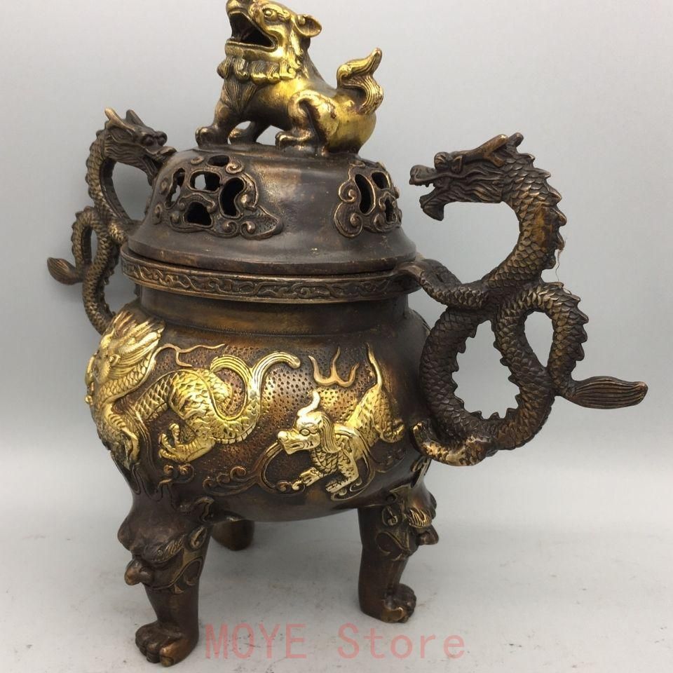 獅子蓋 双龍耳 香炉 書房 茶道 装飾品 置物gy 1216