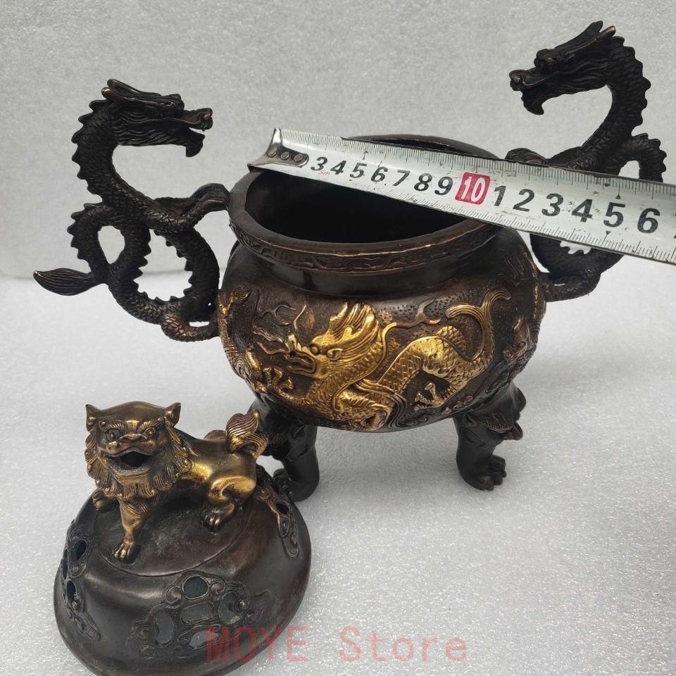 獅子蓋 双龍耳 香炉 書房 茶道 工芸品 装飾品 美術品 置物gy1216 