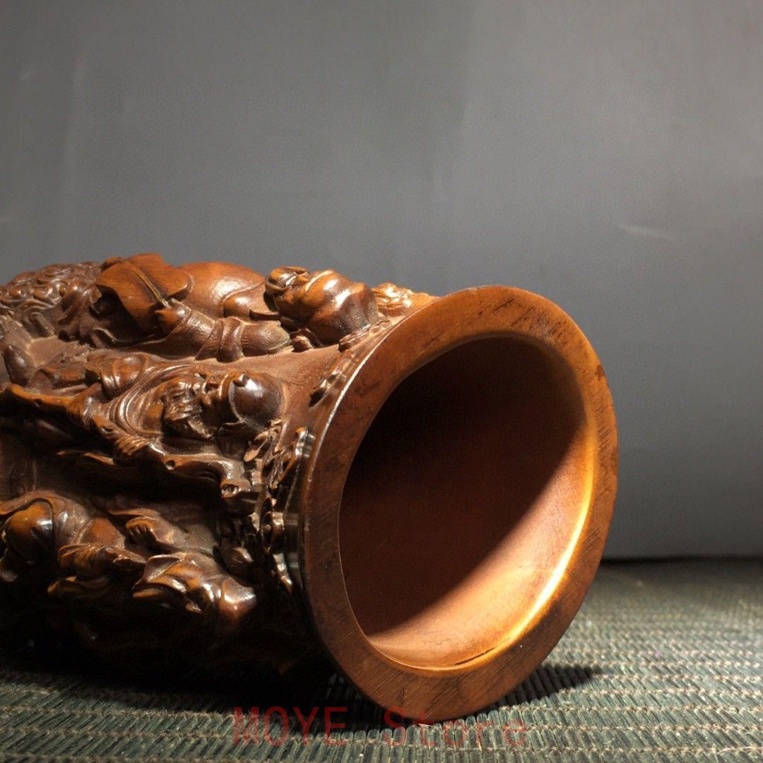 木彫筆筒 浮彫八仙 文房四宝 収納 書道具 文房具 工芸品 美術品 置物