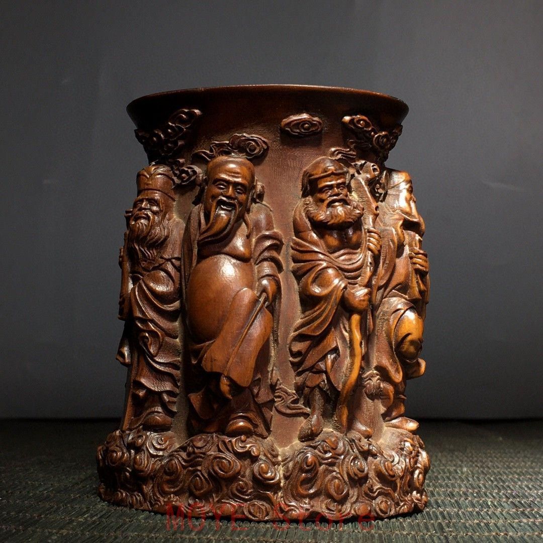 木彫筆筒 浮彫八仙 文房四宝 収納 書道具 文房具 置物gy 1216