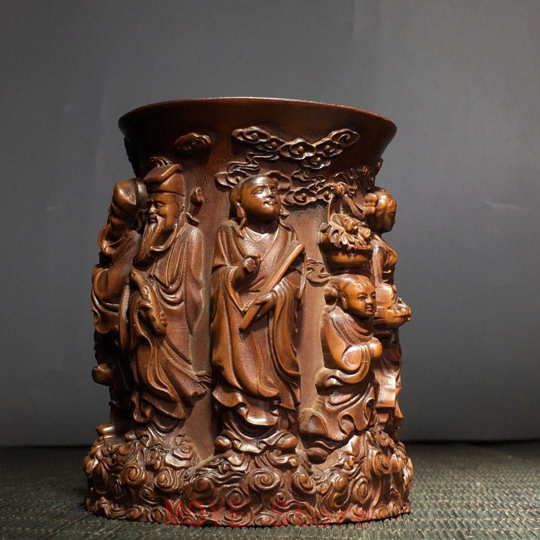 木彫筆筒 浮彫八仙 文房四宝 収納 書道具 文房具 工芸品 美術品 置物