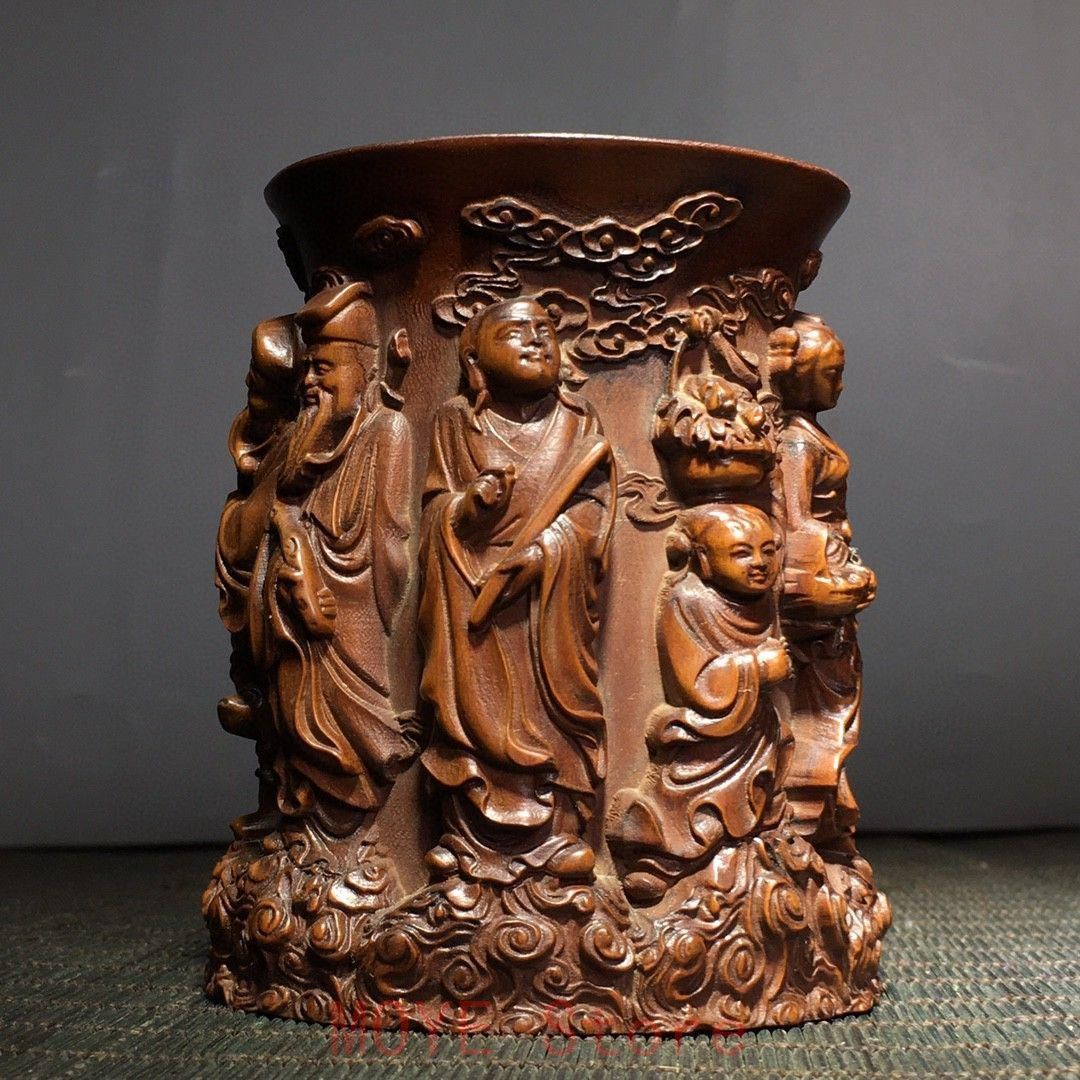 木彫筆筒 浮彫八仙 文房四宝 収納 書道具 文房具 工芸品 美術品 置物