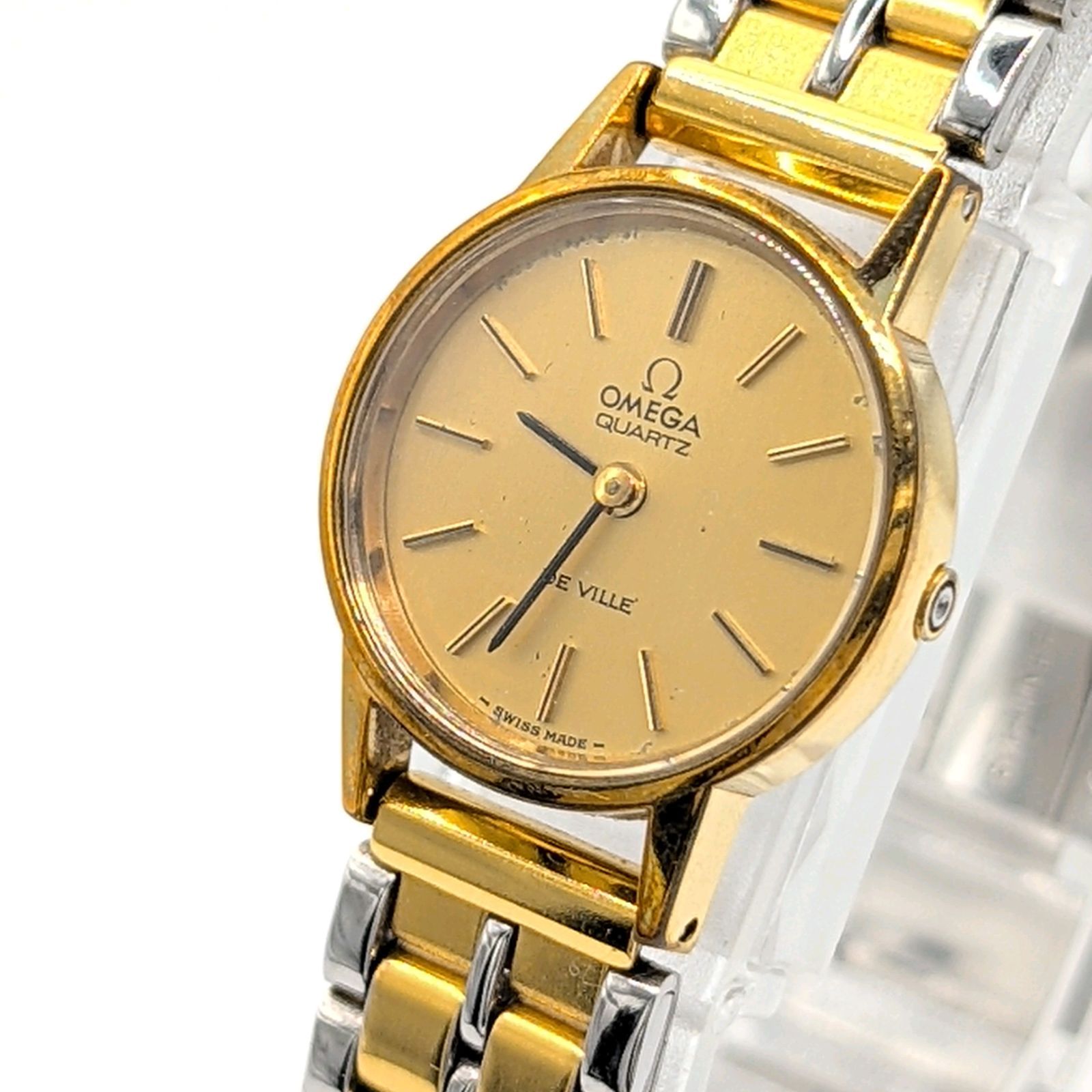 OMEGA DE VILLE Watch QZ Ladies Round Gold Silver Combi Push crown