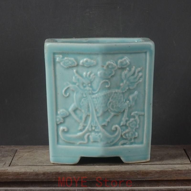 豆青釉彫麒麟が福を授ける 六方筆箱 書道具 文房具 現代工芸品 美術品