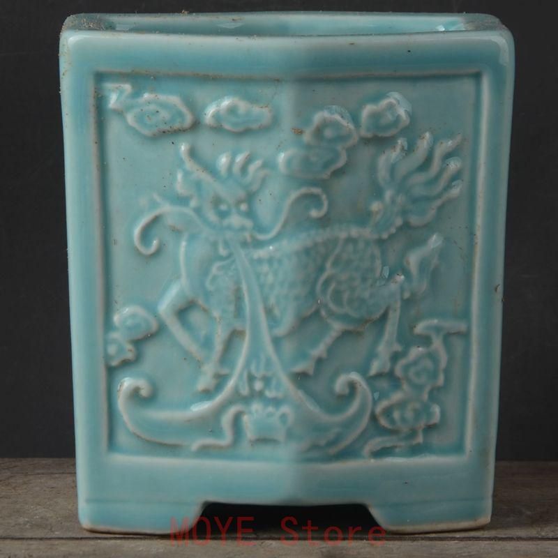 豆青釉彫麒麟が福を授ける 六方筆箱 書道具 文房具 現代工芸品 美術品