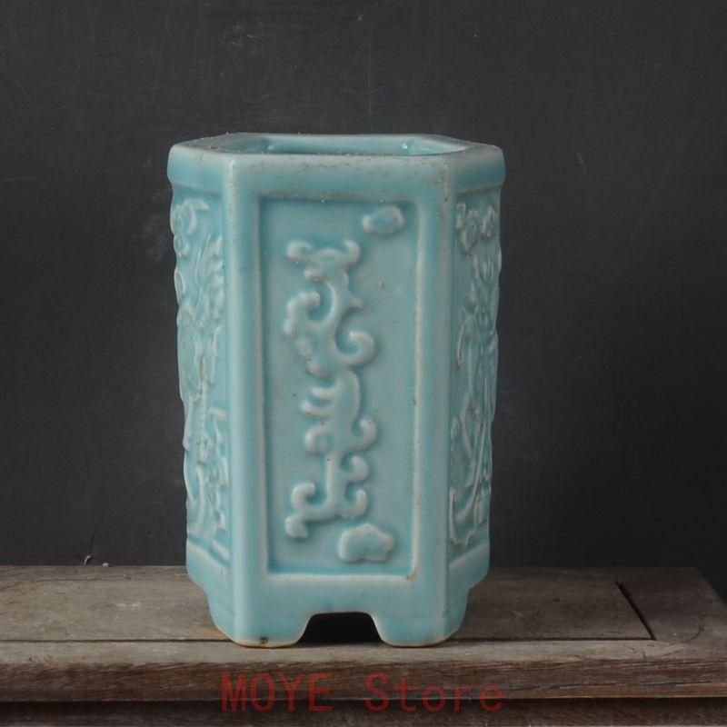 豆青釉彫麒麟が福を授ける 六方筆箱 書道具 文房具 現代工芸品 美術品