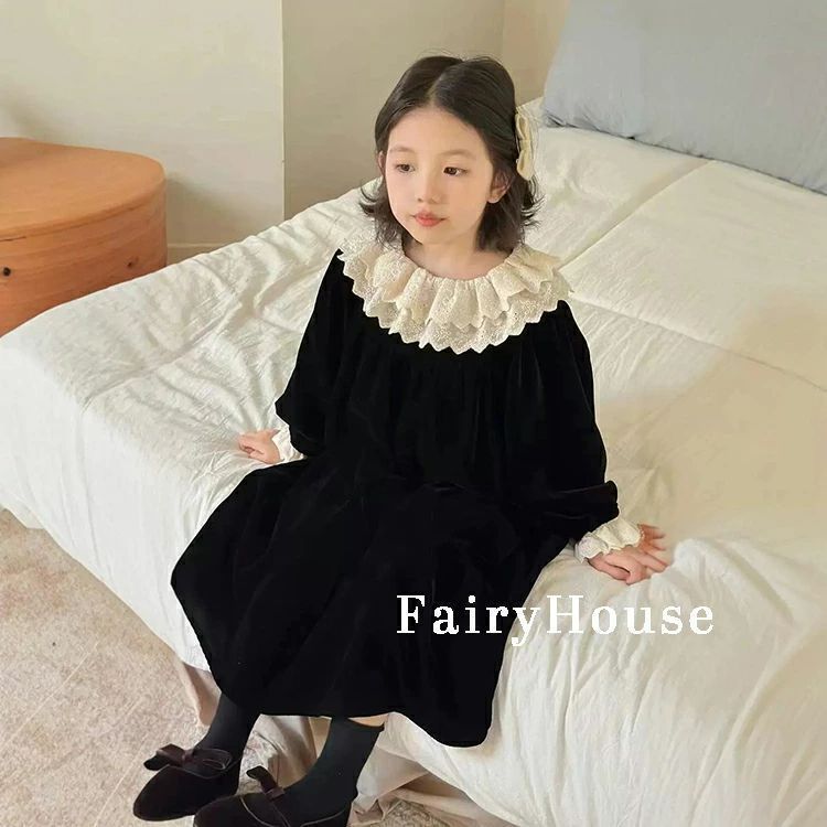 ワンピース 女の子 長袖 ベルベット レース ベルベットワンピース ベロア 春秋 レース刺繍襟 韓国風 韓国子ども服 キッズ ジュニア レディース ロンパース ガールズ
