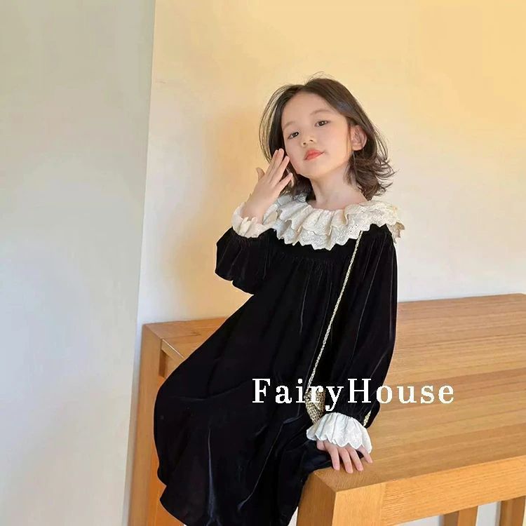 ワンピース 女の子 長袖 ベルベット レース ベルベットワンピース ベロア 春秋 レース刺繍襟 韓国風 韓国子ども服 キッズ ジュニア レディース ロンパース ガールズ