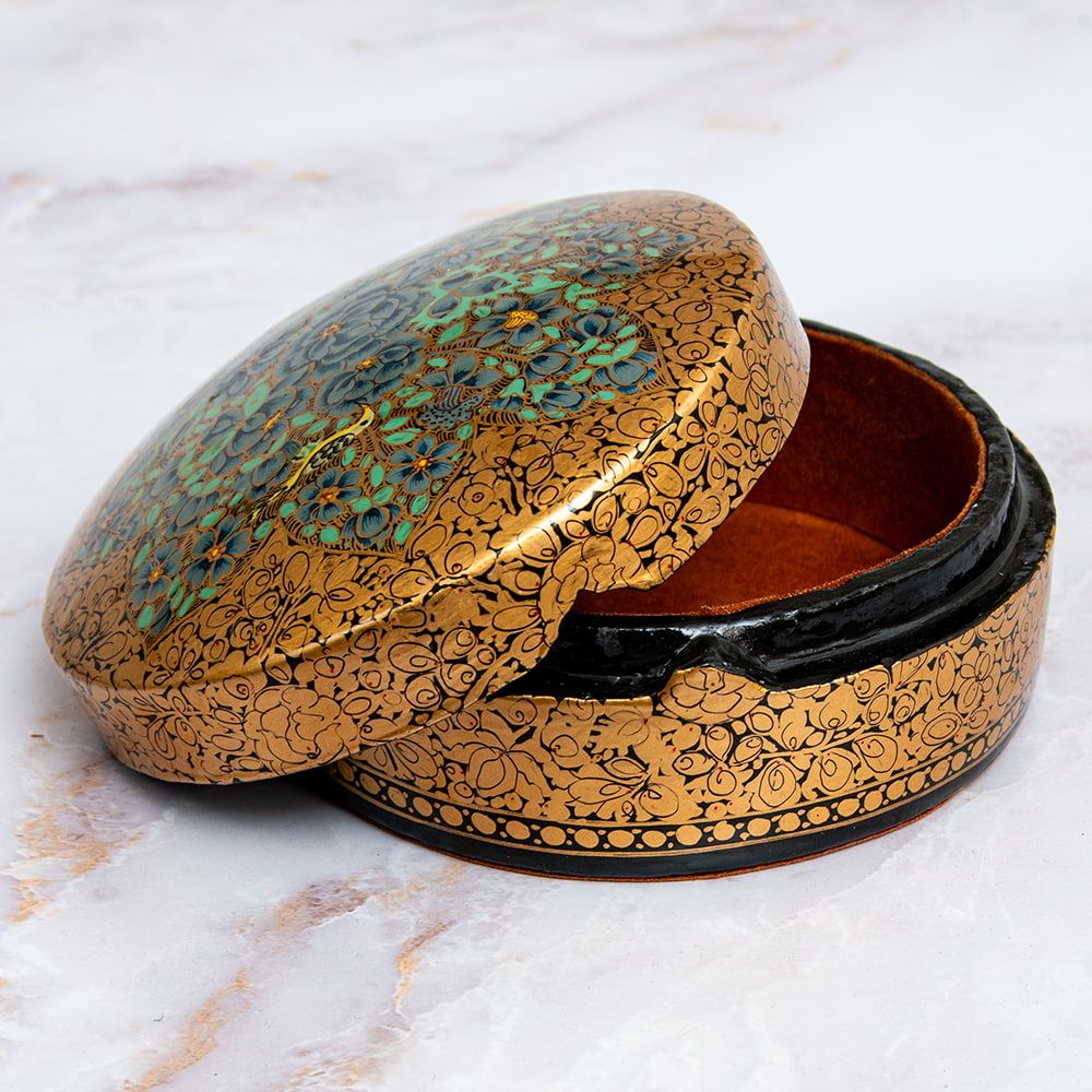 超高精細・一点もの】カシミールのペーパーマッシュ 金色百華 円形小物