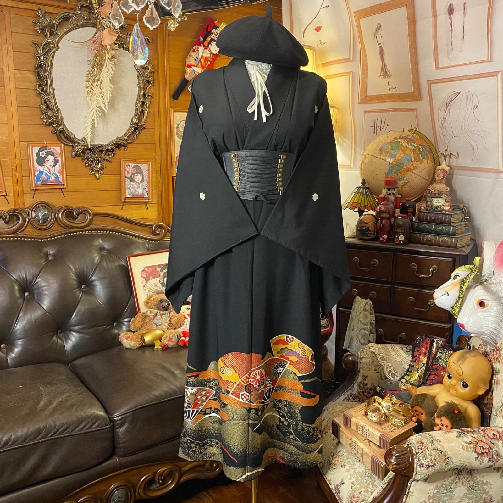 黒留袖 着物 リメイク ワンピース ドレス セミロング 和洋折衷 洗える