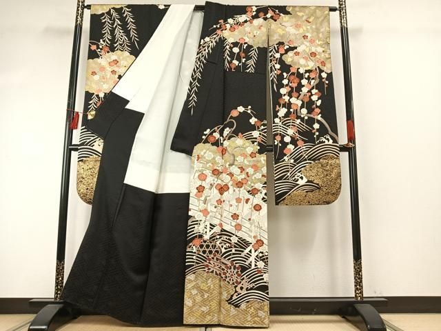 平和屋着物 豪華振袖 駒刺繍 風景花文 黒地 金銀彩 正絹 fy