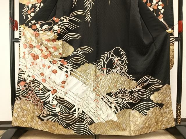  平和屋着物 豪華振袖 駒刺繍 風景花文 黒地 金銀彩 正絹 fy 振袖 着物