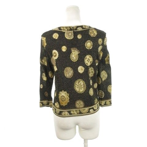 レオナール LEONARD カットソー ラウンドネック 七分袖 ストレッチ ラメ オリエンタル 総柄 L 黒 ブラック AH 14 GY 18