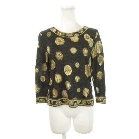 レオナール LEONARD カットソー ラウンドネック 七分袖 ストレッチ ラメ オリエンタル 総柄 L 黒 ブラック AH 14 GY 18