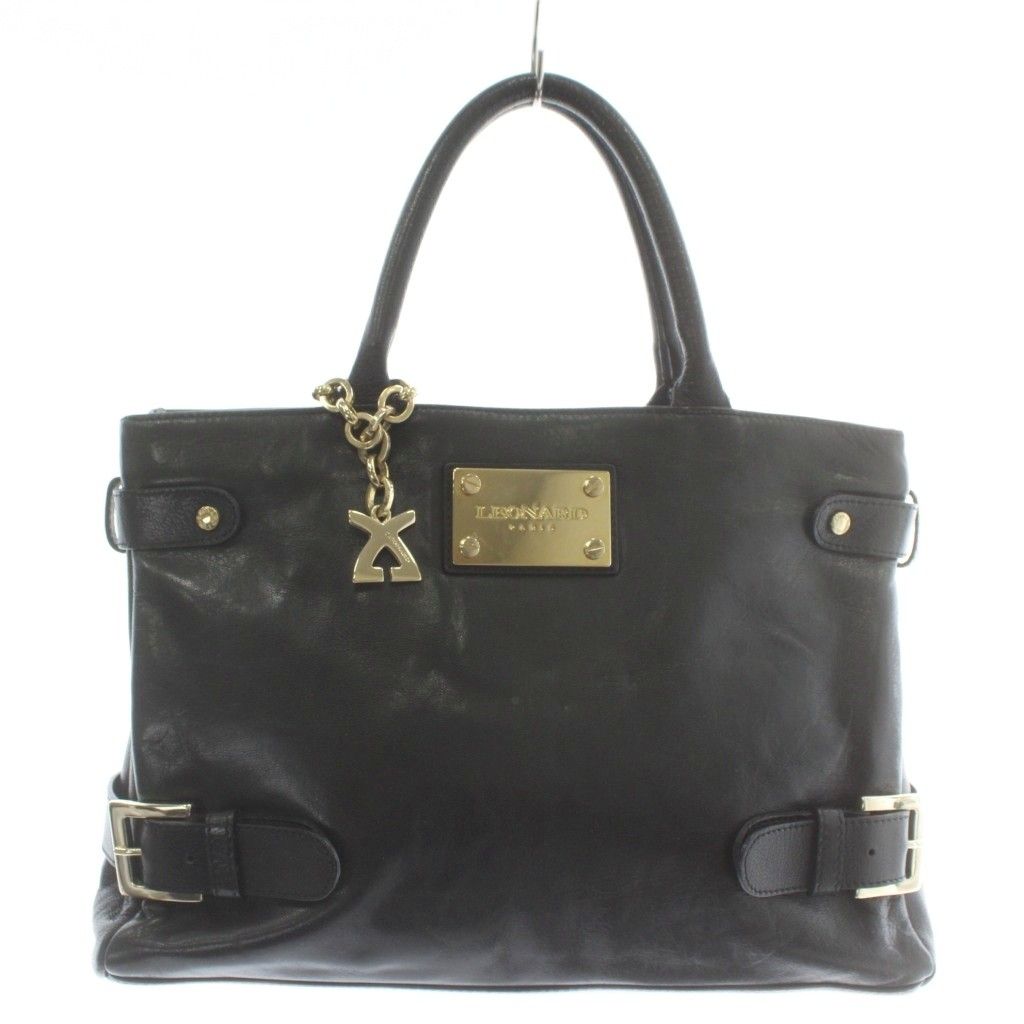 【中古】レオナール LEONARD ハンドバッグ トート レザー Wファスナー ロゴプレート ゴールド金具 黒 ブラック レオナール LEONARD ハンドバッグ トート レザー Wファスナー ロゴ