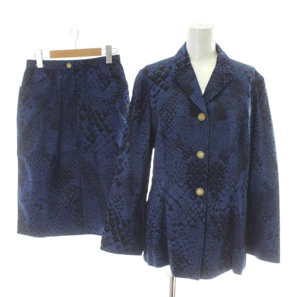 レオナール LEONARD セットアップ ジャケット スカート 絹 シルク 11 AR ネイビー 紺色 総柄 膝丈 タイト PP GY 18