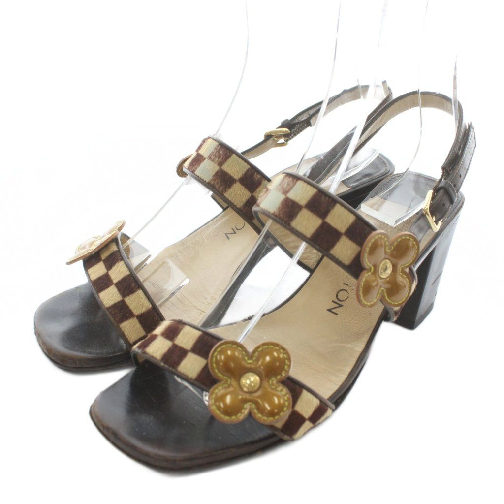 ルイヴィトン LOUIS VUITTON ダミエ サンダル レザー ハラコ オープン