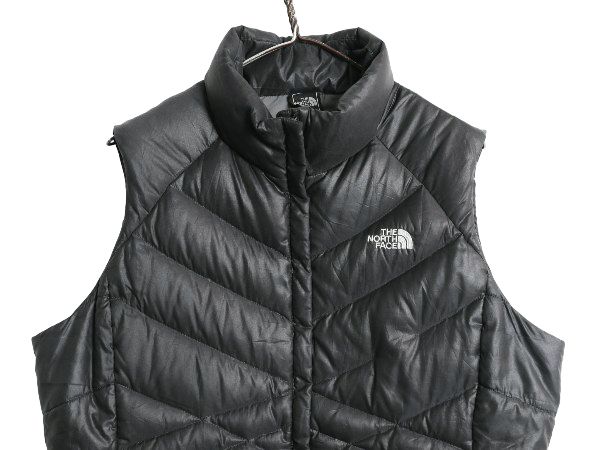 な ! ノースフェイス ナイロン ダウン ベスト レディース L 程 アウトドア フルジップ キルティング 550 フィル ハイネック 重ね着 前開き 濃灰