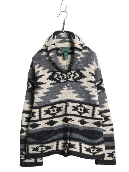 な ! 00 s ローレン ラルフローレン ネイティブ ショール ニット カーディガン レディース L 程 古着 ポロ ハンドメイド 前開き