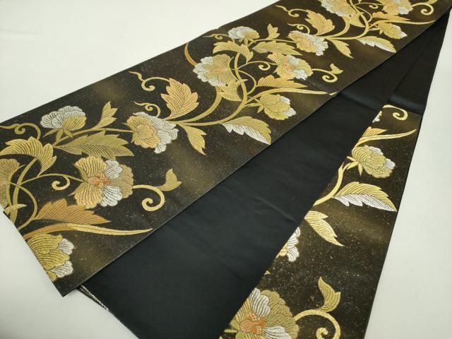 平和屋着物▽六通柄袋帯 更紗花文 黒地 金銀糸 引箔 正絹 逸品