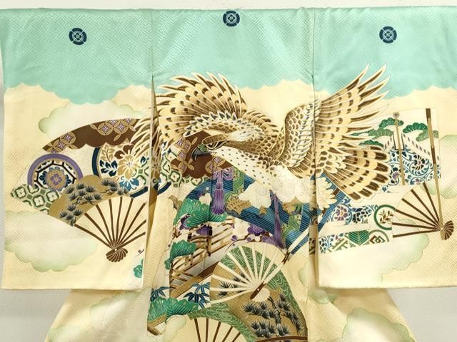 平和屋着物 お宮参り 男の子 祝着 産着 初着 のしめ 駒刺繍 鷹 松竹梅扇面吉祥文 暈し染め 金彩 ze