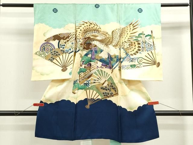 平和屋着物 お宮参り 男の子 祝着 産着 初着 のしめ 駒刺繍 鷹 松竹梅扇面吉祥文 暈し染め 金彩 ze