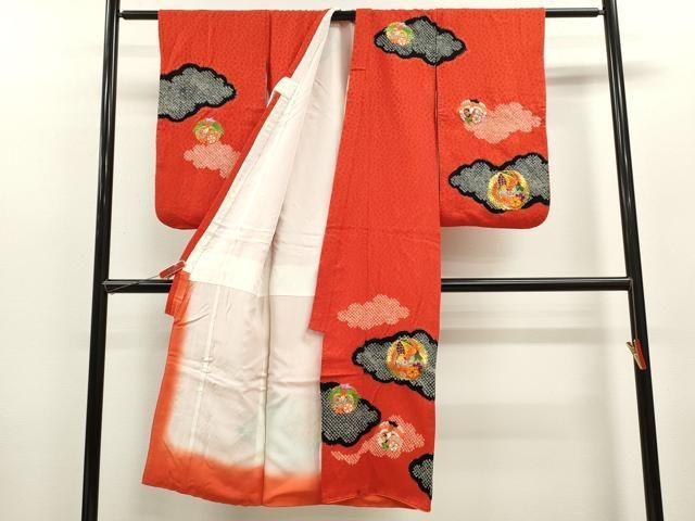 平和屋着物 七五三 女の子 ７歳 祝着 四つ身 袋帯セット 駒刺繍 絞り 雲取り鳳凰花丸文 ze