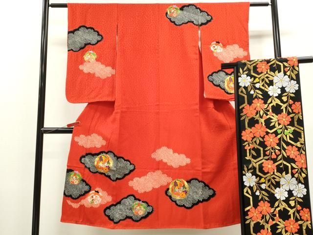 平和屋着物 七五三 女の子 ７歳 祝着 四つ身 袋帯セット 駒刺繍 絞り 雲取り鳳凰花丸文 ze